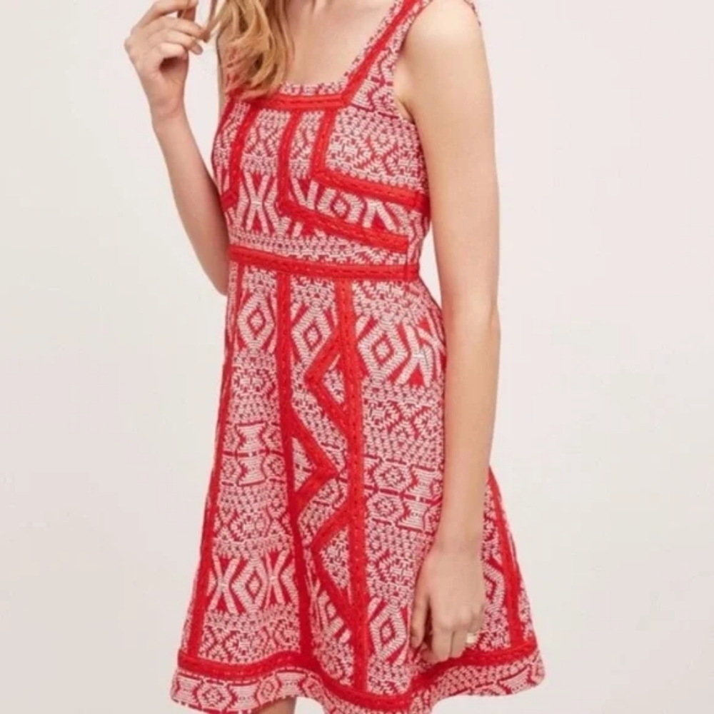 Anthropologie Red and White Patterned Sleeveless Mini Dress